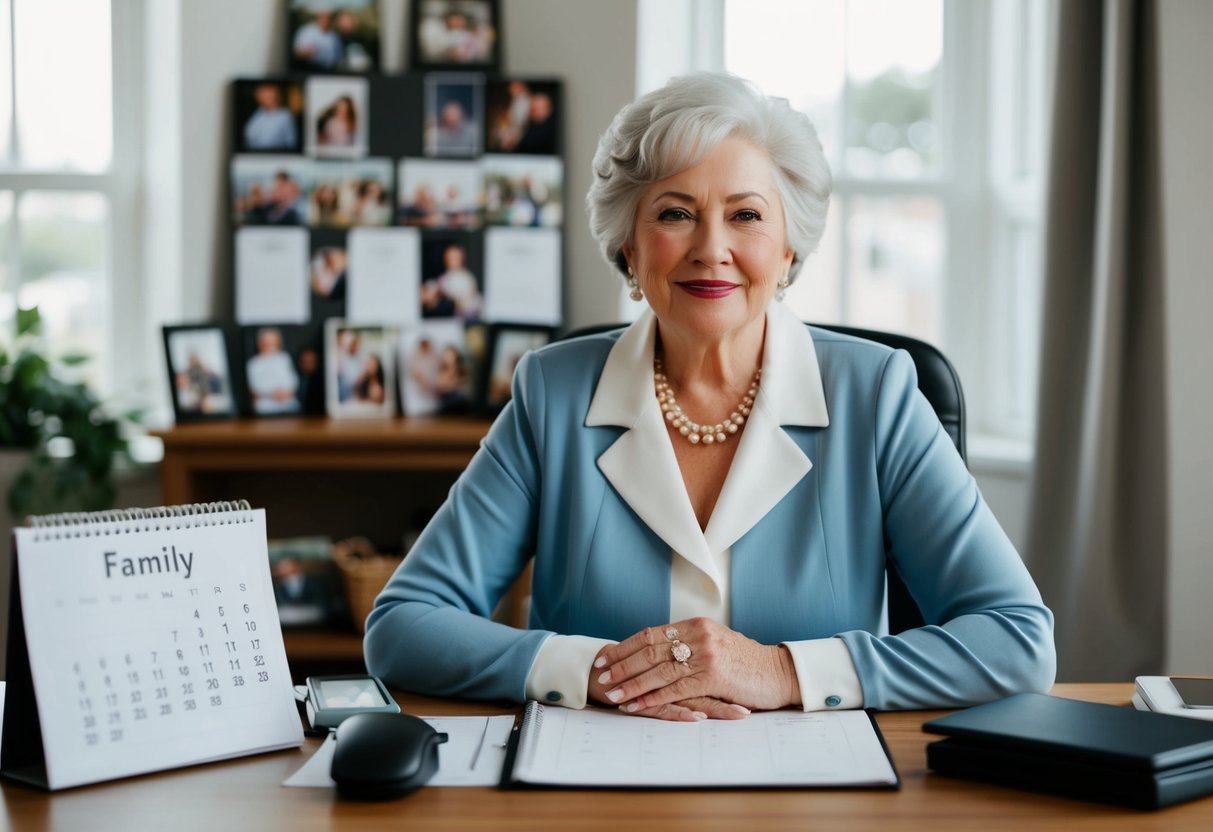An older married woman sitting at a desk with a wedding ring on her finger, surrounded by family photos and a calendar marked with important dates