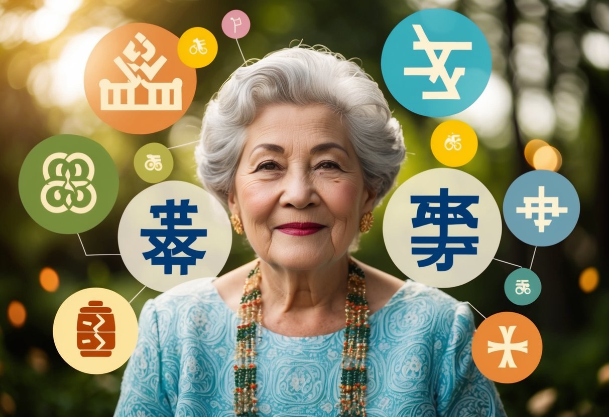 An older woman surrounded by diverse symbols of marriage and language
