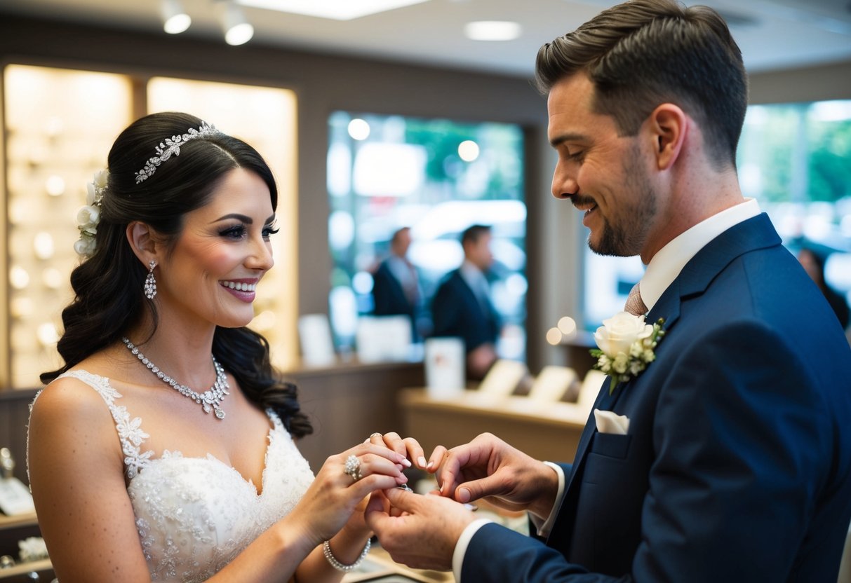 A bride purchases a groom's ring at a jewelry store
