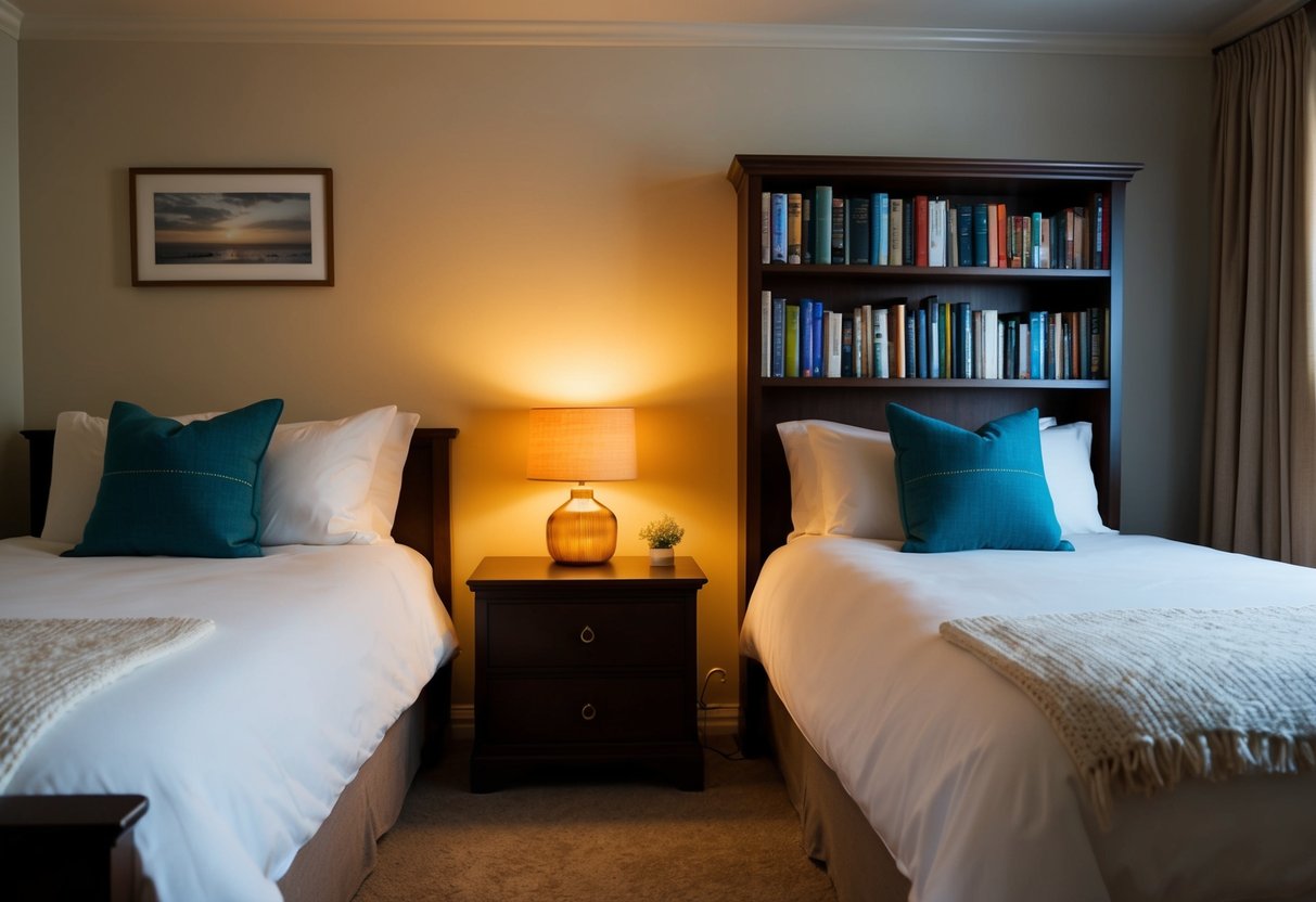 A cozy bedroom with two nightstands, a shared bookshelf, and a warm, dimly lit lamp casting a soft glow over the room