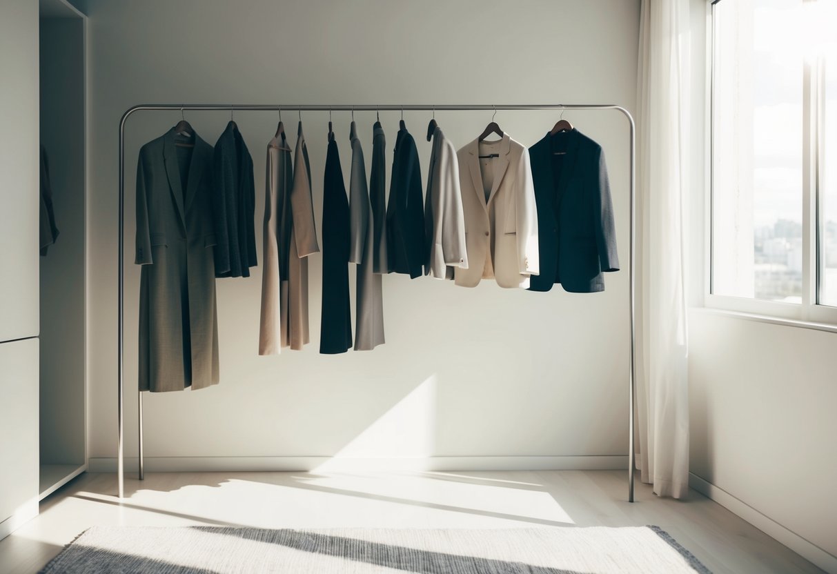 A minimalist wardrobe with a few high-quality, well-tailored pieces displayed on a sleek clothing rack in a sunlit room