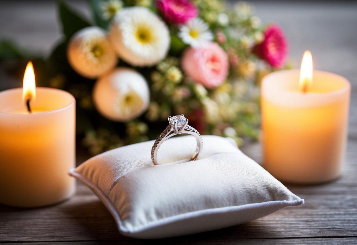 A wedding ring placed on a pillow, surrounded by flowers and candles