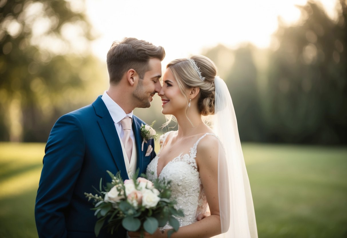 A blurry wedding photo with a soft focus on the bride and groom, surrounded by dreamy light and romantic atmosphere