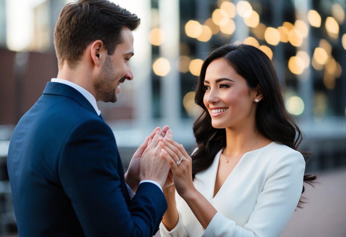 A woman receiving a ring from a man, symbolizing betrothal and engagement