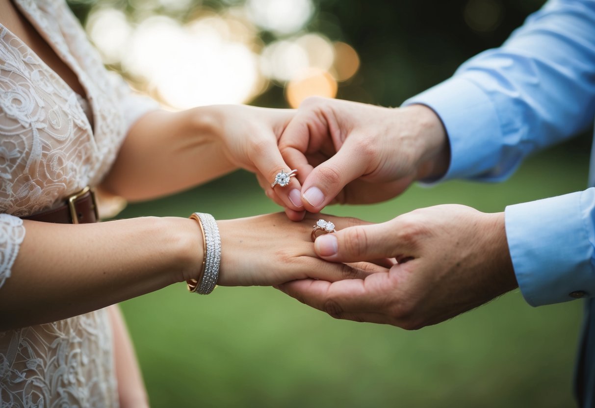 A couple's hands exchanging engagement rings