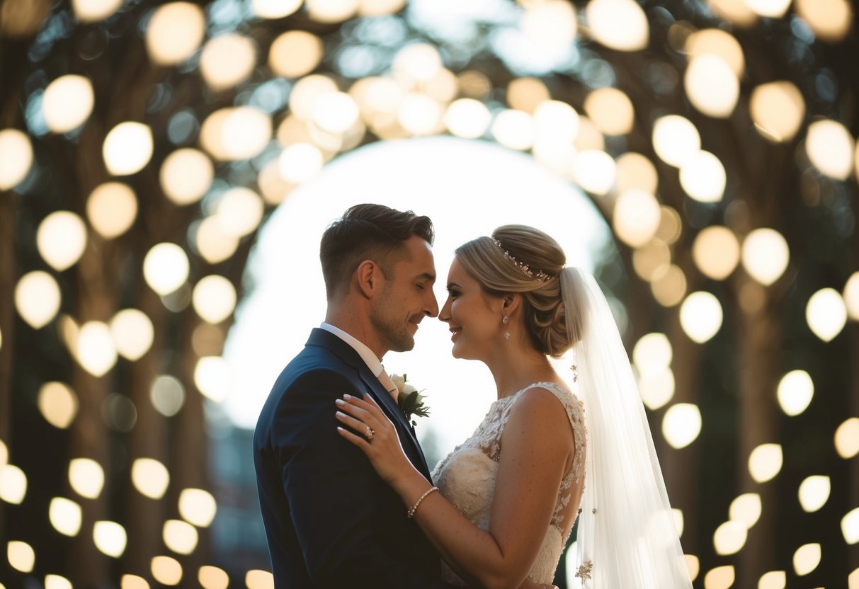 A wedding photographer capturing a couple in a soft focus, surrounded by dreamy, blurred lights and romantic ambiance
