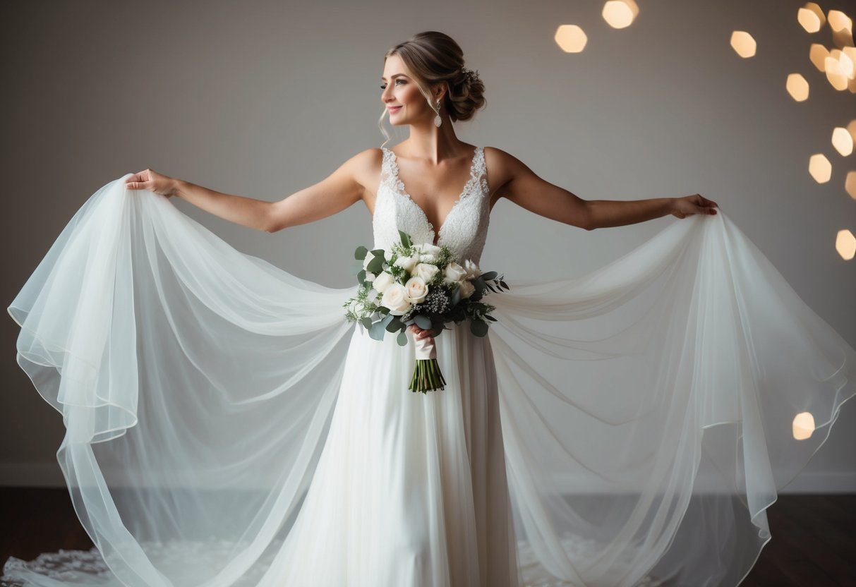 A bride stands in a flowing wedding gown, holding a bouquet, with her arms slightly raised and turned to the side, creating a slimming effect