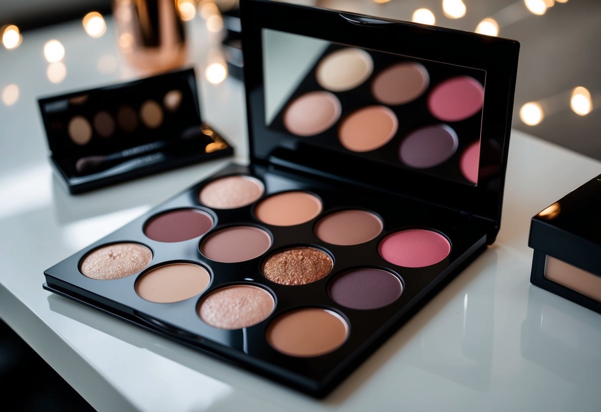 A makeup palette with darker shades arranged on a table