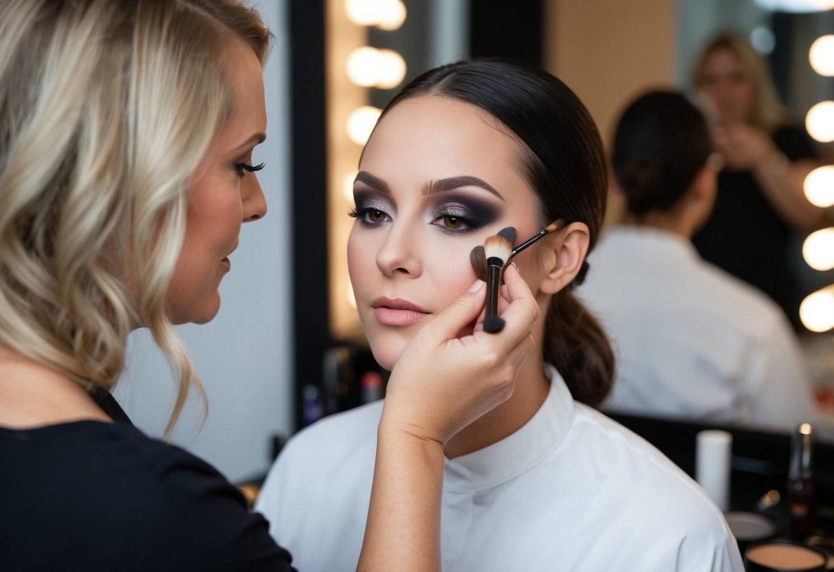 A makeup artist applying darker makeup to enhance features for a photoshoot