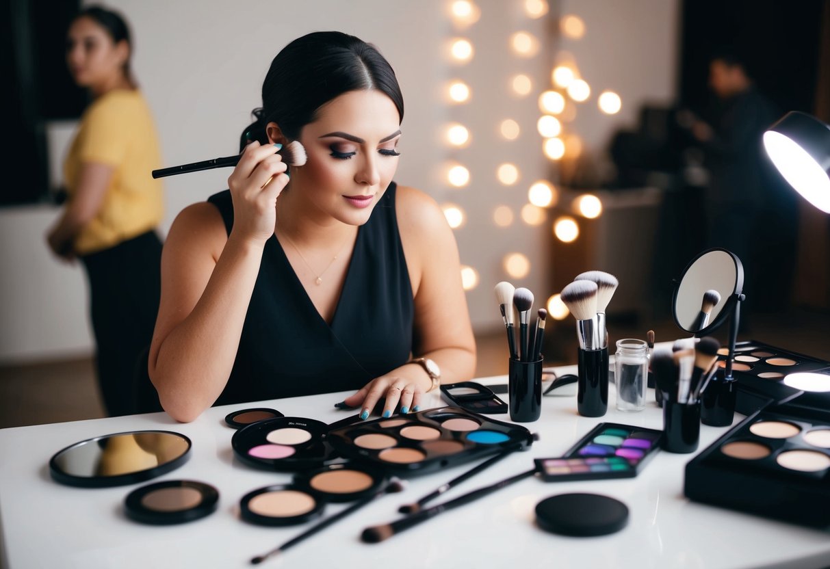 A makeup artist carefully applies darker shades for a photoshoot. Brushes, palettes, and mirrors are scattered on the table