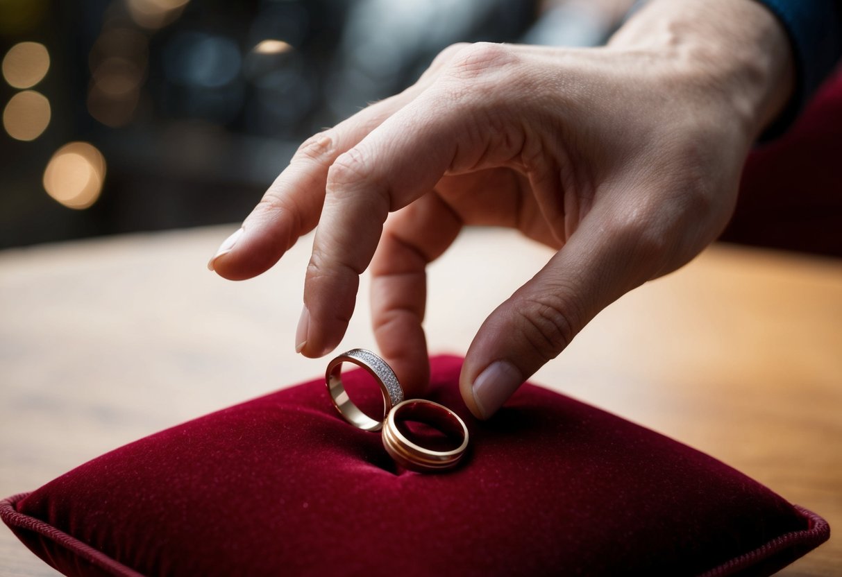 A hand reaches for two rings on a velvet cushion