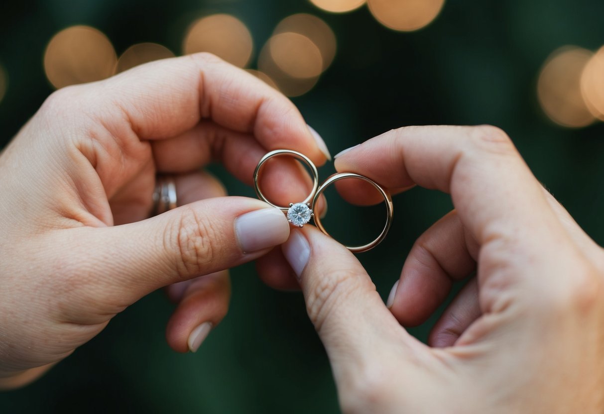 A hand holds two rings, one with a single diamond and the other a simple band. The rings are being compared and examined closely