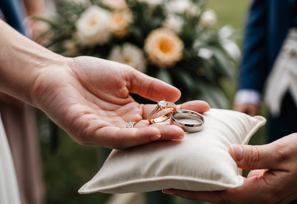 A hand reaches out, holding a wedding band and engagement ring. The two rings are placed on a delicate pillow, ready for the ceremony