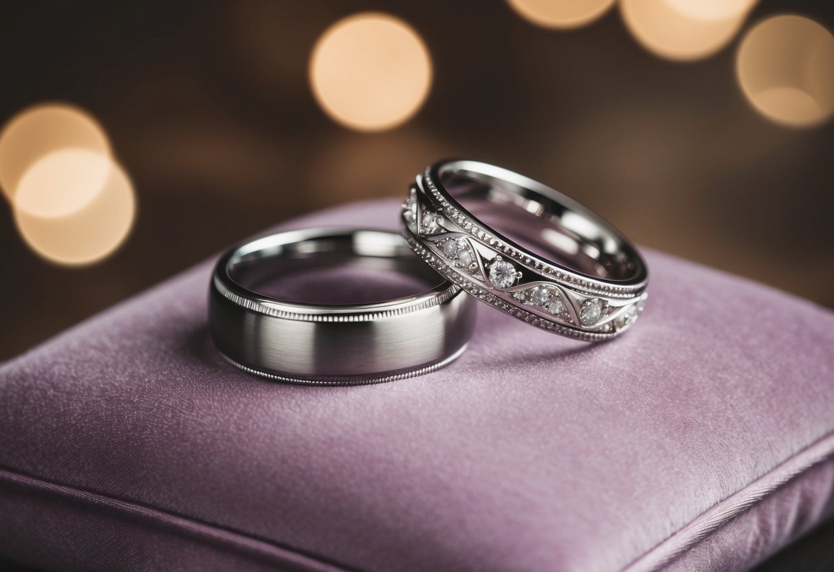 Two wedding bands rest on a velvet cushion, one with a simple design and the other adorned with intricate details, waiting to be chosen