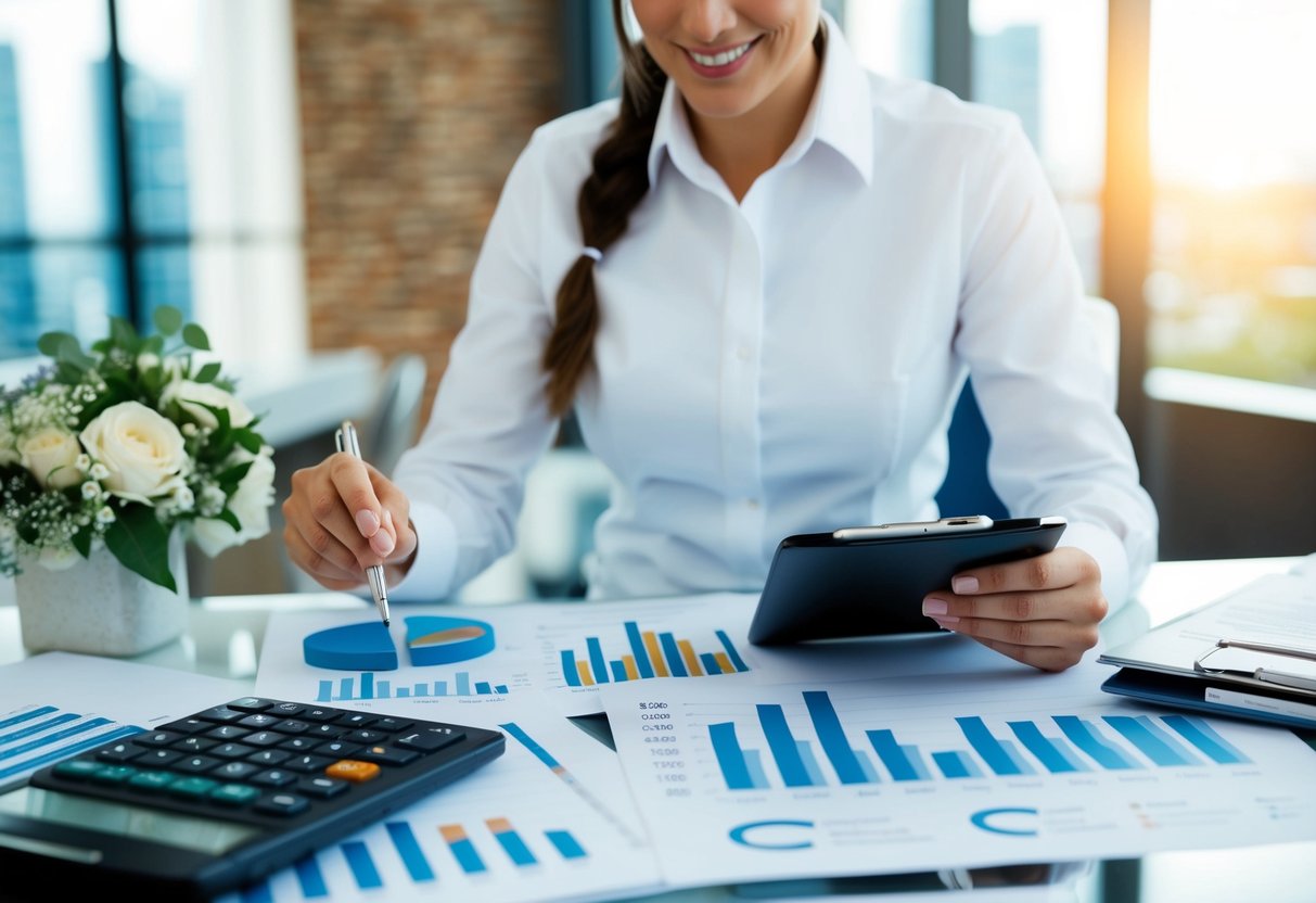 A wedding coordinator surrounded by charts, graphs, and financial reports, calculating earnings
