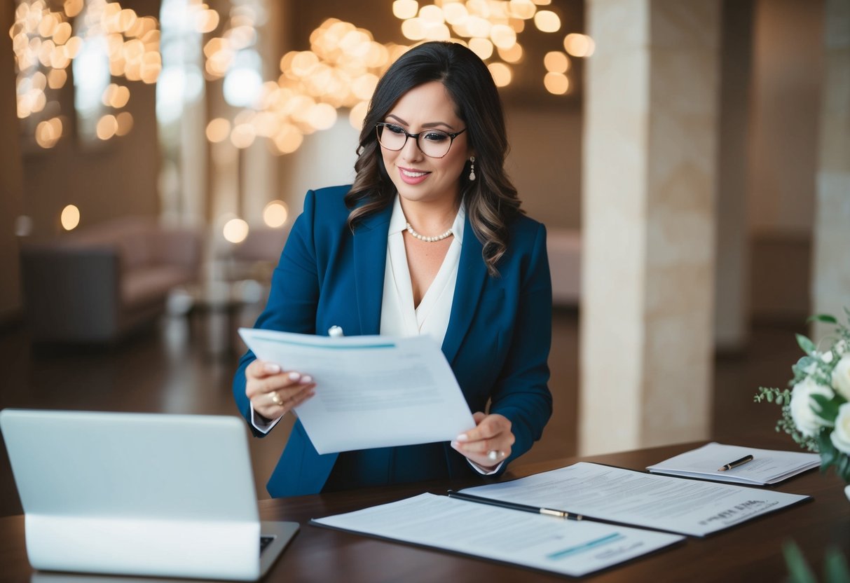 A wedding coordinator reviewing financial documents and contracts