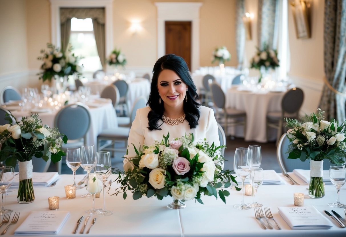 A wedding planner in the UK organizes a venue, floral arrangements, and seating for a wedding ceremony