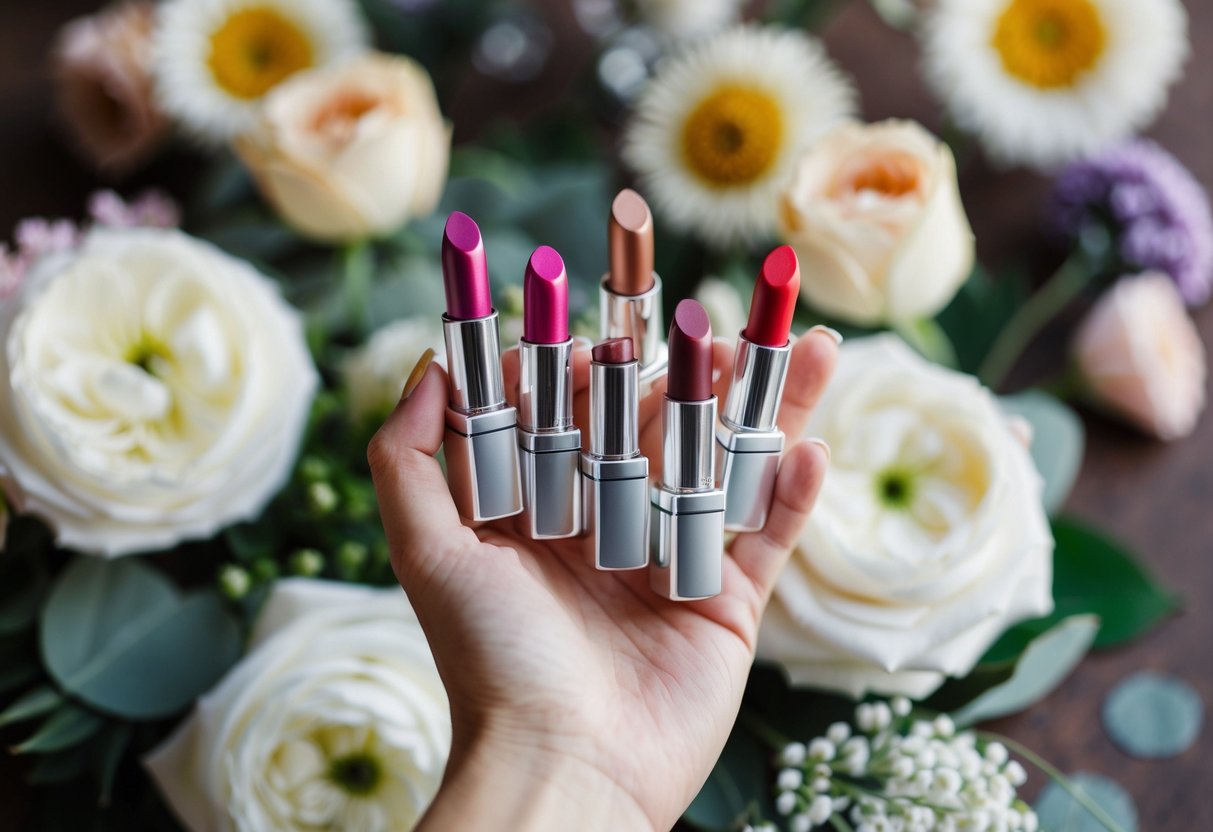 A bride's hand holding up different shades of lipstick, surrounded by flowers and wedding accessories