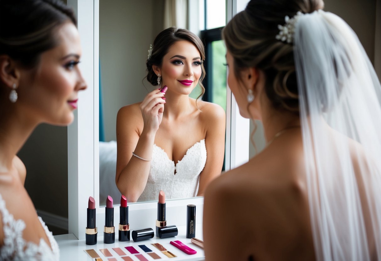 A bride standing in front of a mirror, trying on different shades of lipstick, surrounded by tubes and swatches of various colors