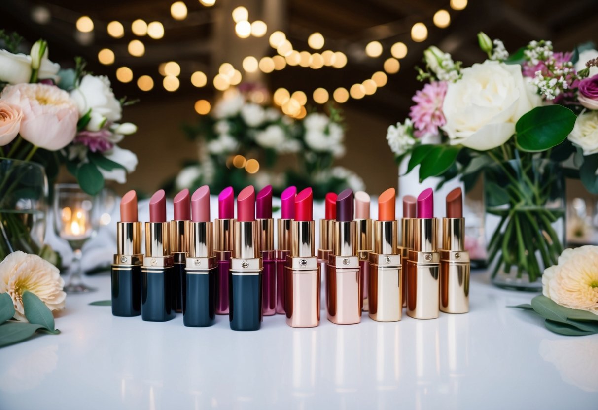 A table with an array of lipstick shades in various hues and finishes, surrounded by floral arrangements and wedding decor