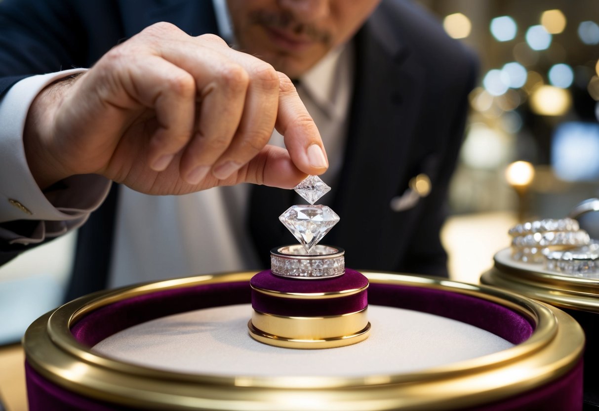 A jeweler carefully weighs and inspects a sparkling diamond, surrounded by gleaming gold and silver bands on a velvet-lined display case