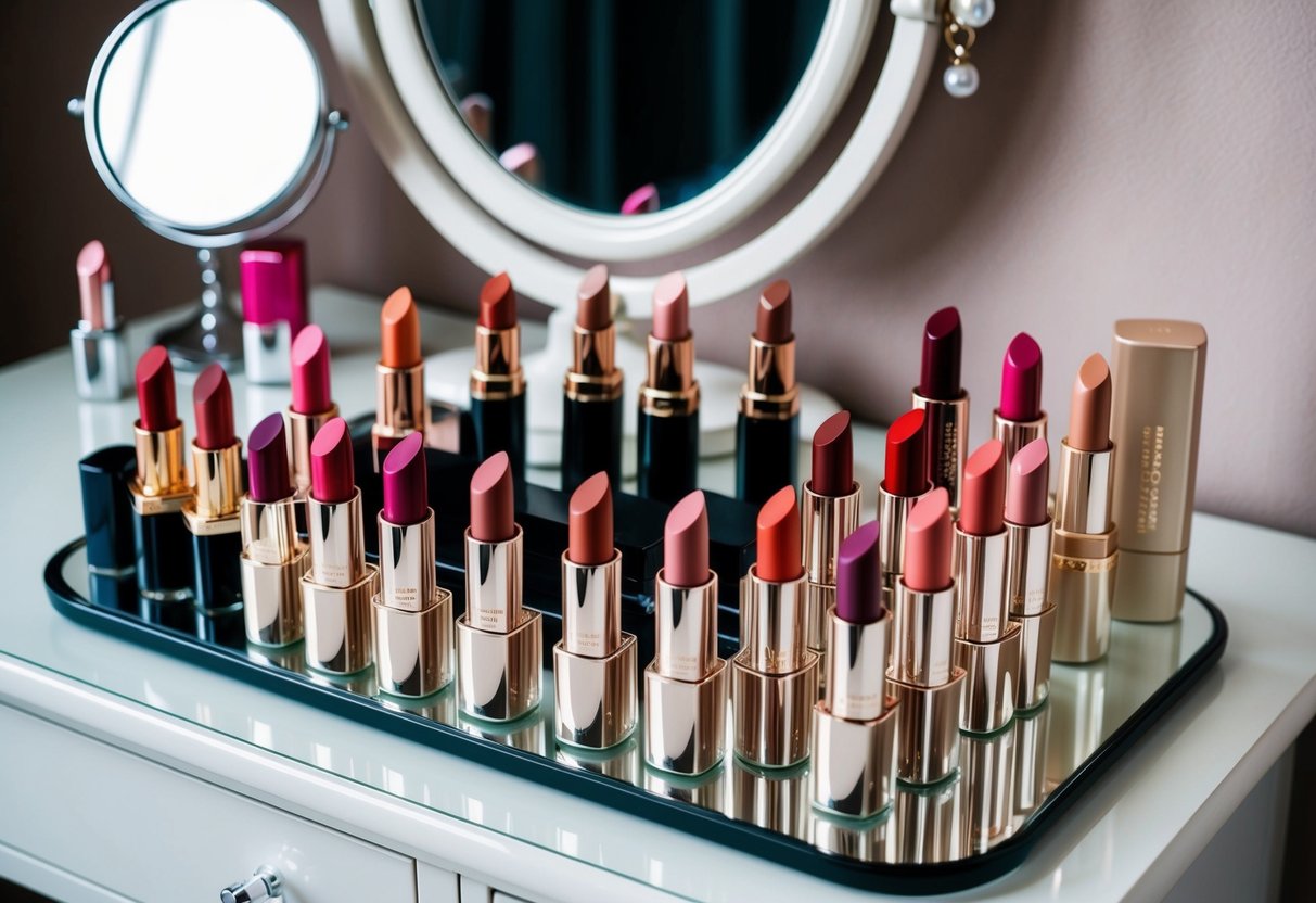 A bride's lipstick collection spread out on a vanity with a mirror, showcasing a variety of long-lasting shades for her to choose from on her wedding day