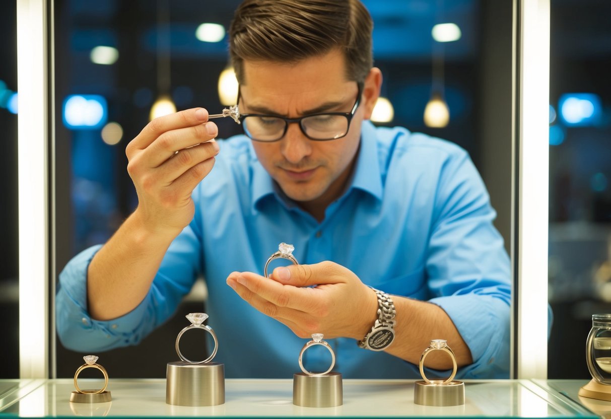 A jeweler carefully weighing and inspecting a variety of wedding rings under bright lights in a display case