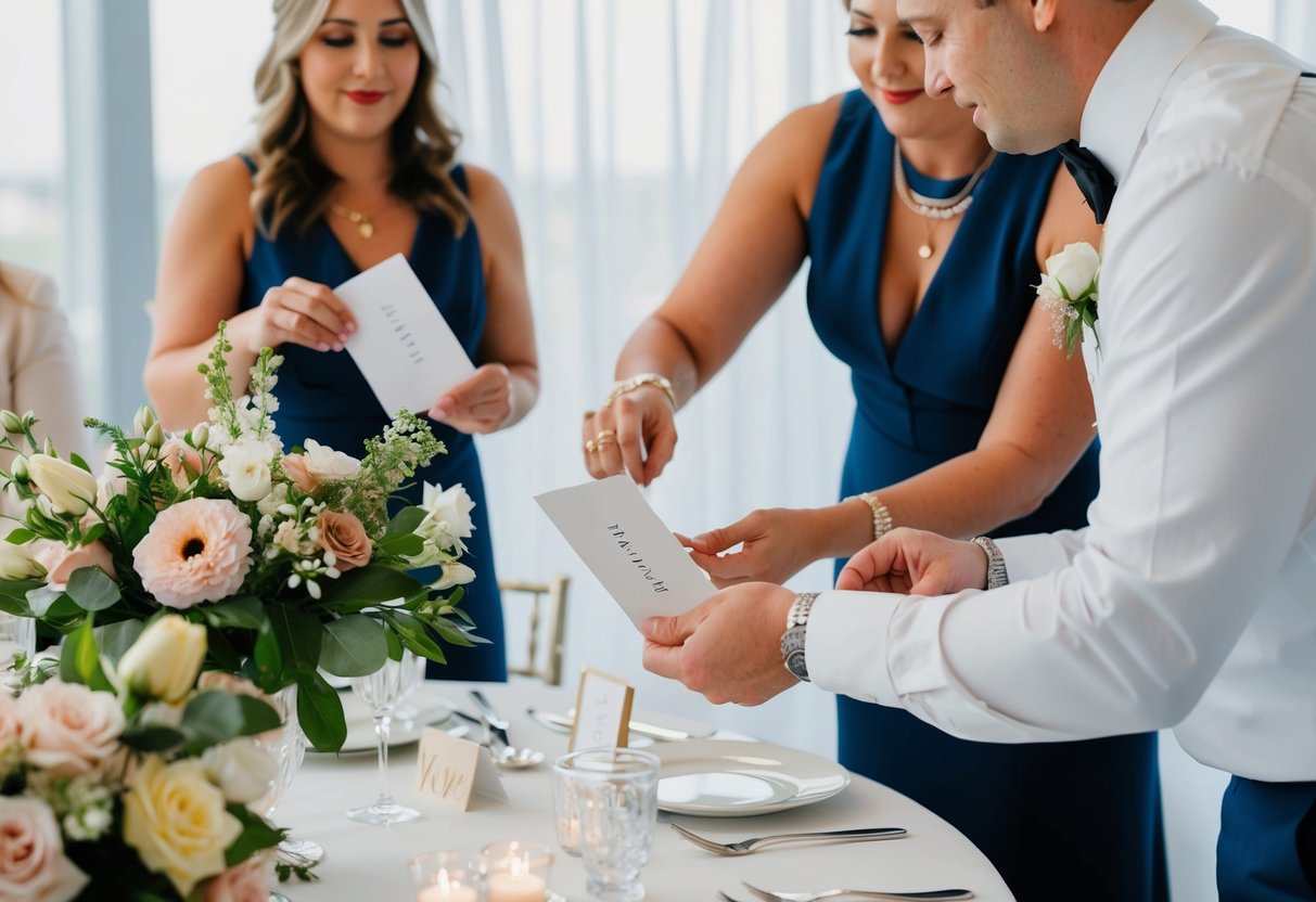 A wedding planner organizing a table setting with flowers and place cards