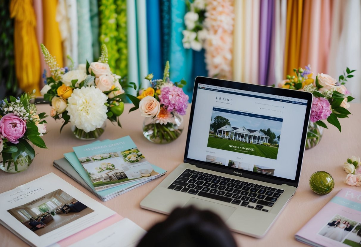 A wedding planner surrounded by colorful fabric swatches, floral arrangements, and bridal magazines, with a laptop open to a wedding venue website