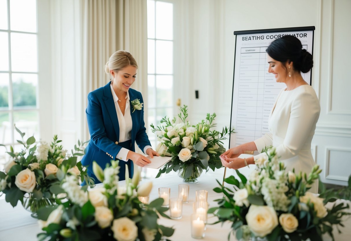 A wedding coordinator organizing a seating chart and floral arrangements