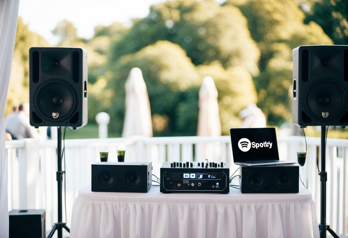 A wedding scene with a DJ booth, speakers, and a laptop playing Spotify