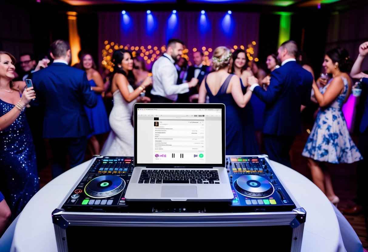 A wedding DJ booth with a laptop open to a Spotify playlist, surrounded by dancing guests and colorful lights