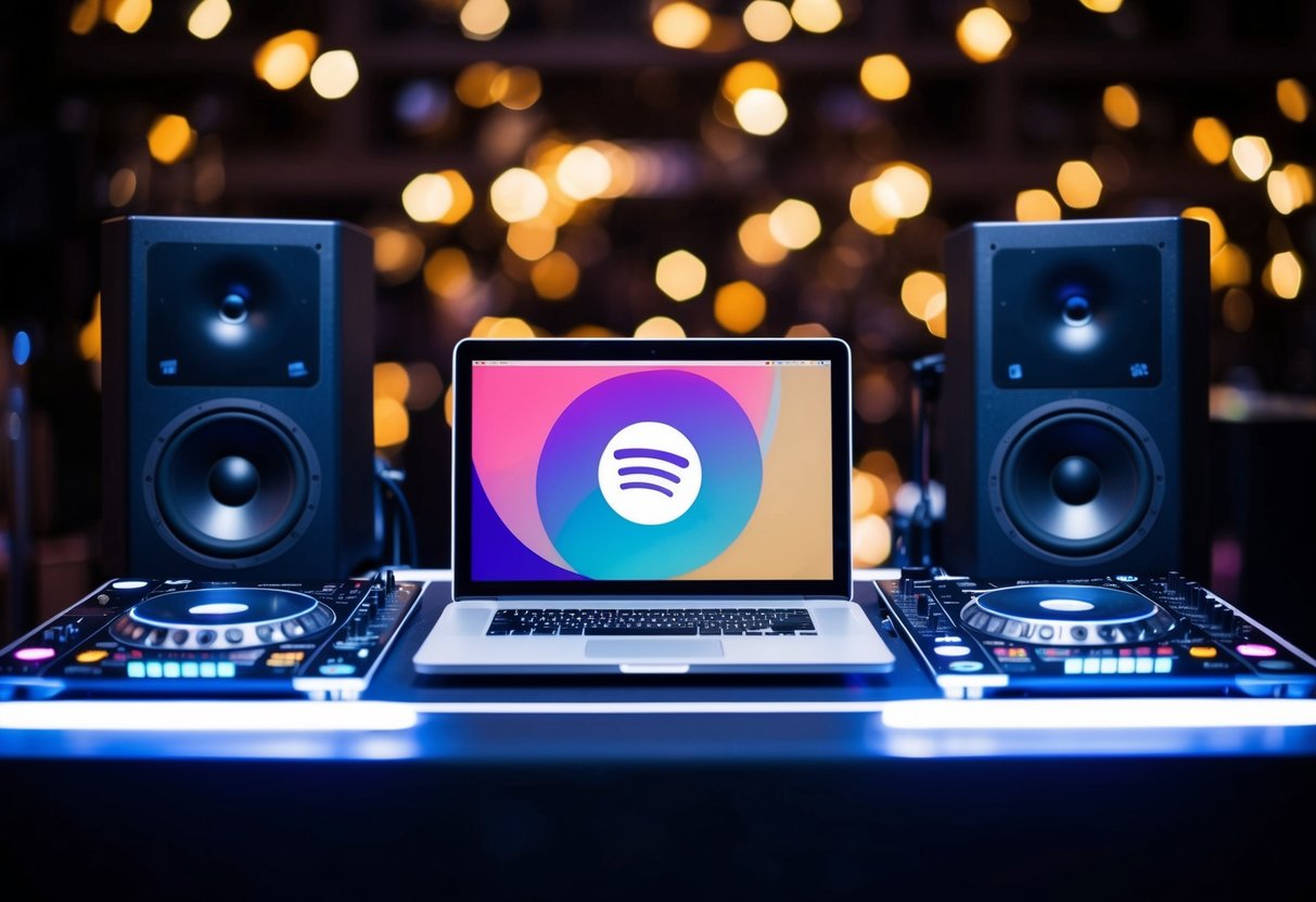 A DJ booth set up with a laptop, mixer, and speakers. An open Spotify app on the screen