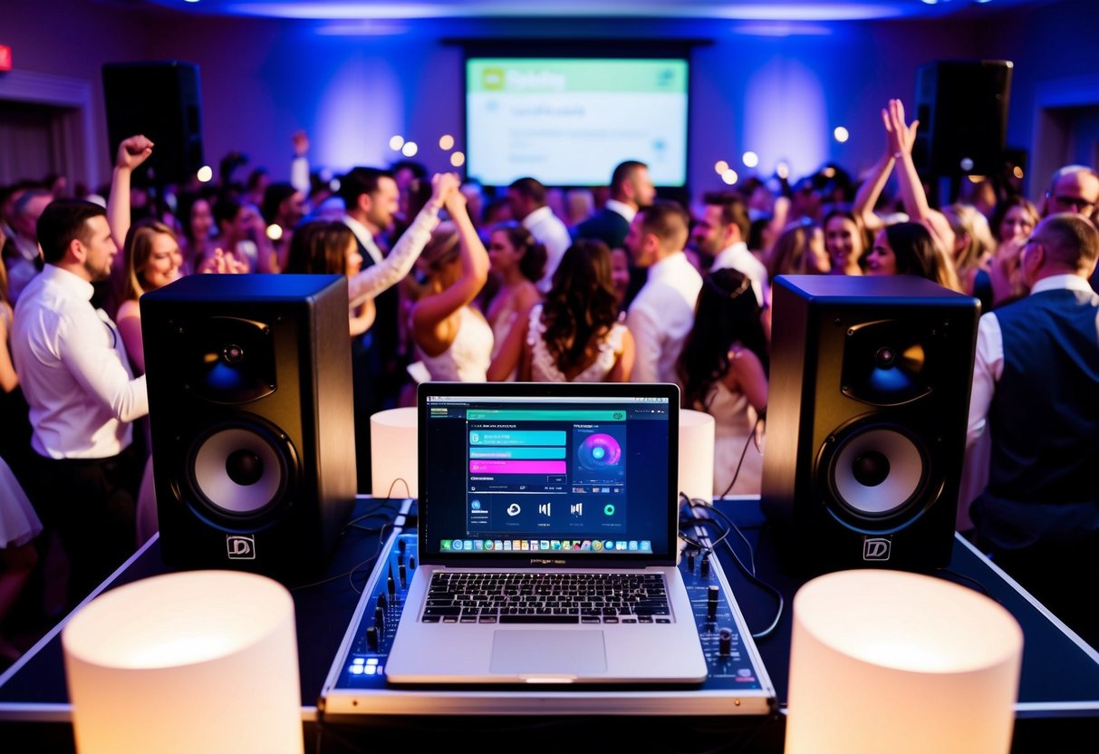 A DJ booth with a laptop connected to speakers, Spotify interface on screen, and a crowd dancing at a wedding reception