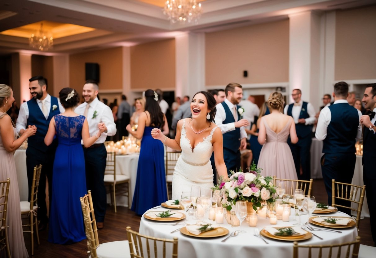 A joyful wedding reception with a decorated venue, tables set with flowers and candles, and guests mingling and dancing