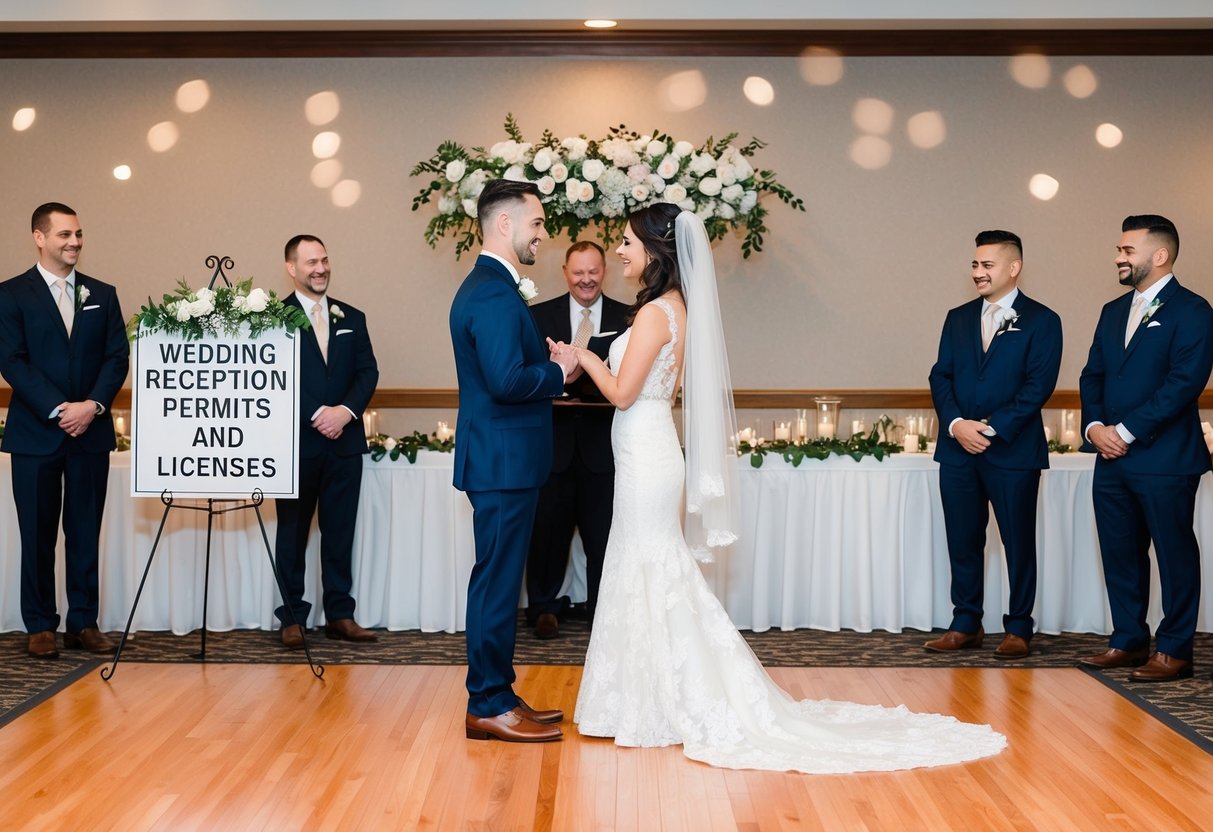 A couple exchanging vows in a decorated reception hall with a sign displaying "Wedding Reception Permits and Licenses" on the wall
