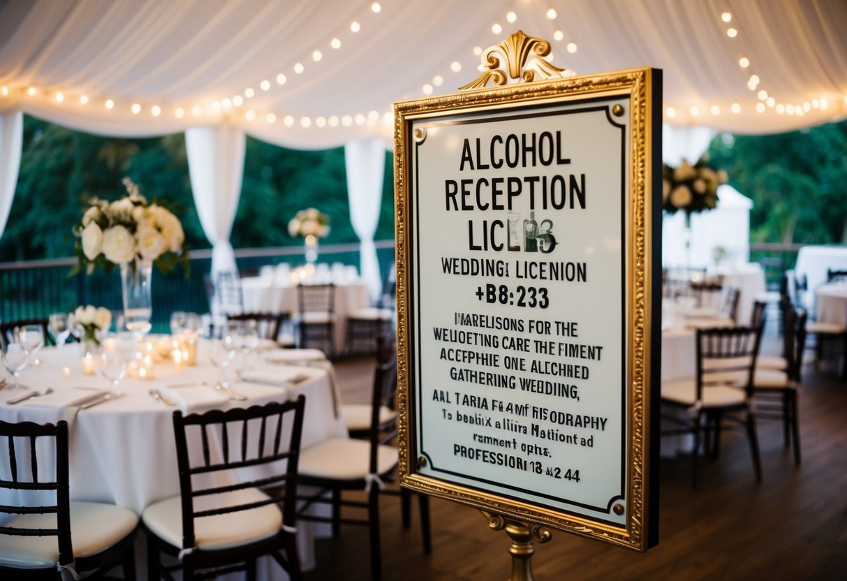 A wedding reception venue with a prominent sign displaying alcohol licensing information. Tables and chairs are set up for a gathering