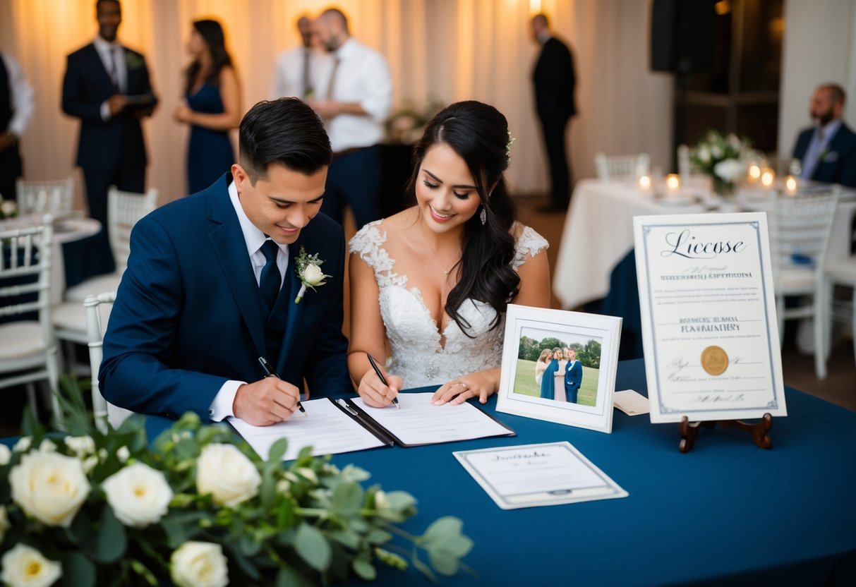 A couple signing paperwork at a wedding reception venue, with a license displayed on the table