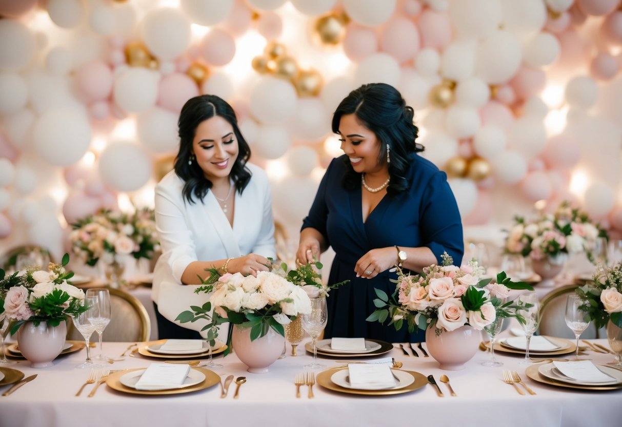A wedding planner and decorator collaborate on a table setting, arranging flowers and place settings with a color scheme of blush and gold