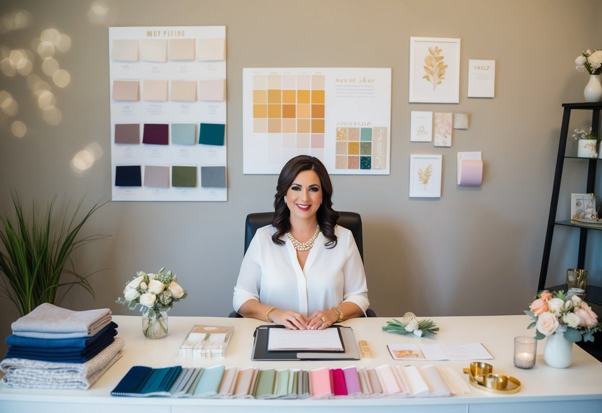 A wedding planner sits at a desk, surrounded by fabric swatches, color palettes, and design sketches. A mood board and sample decor items are displayed on the wall
