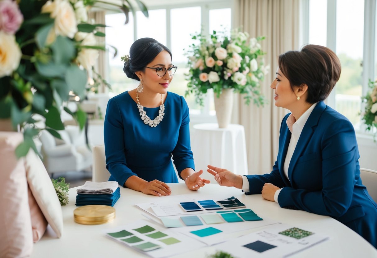 A wedding planner discussing decor with a decorator, surrounded by fabric swatches, floral arrangements, and design sketches