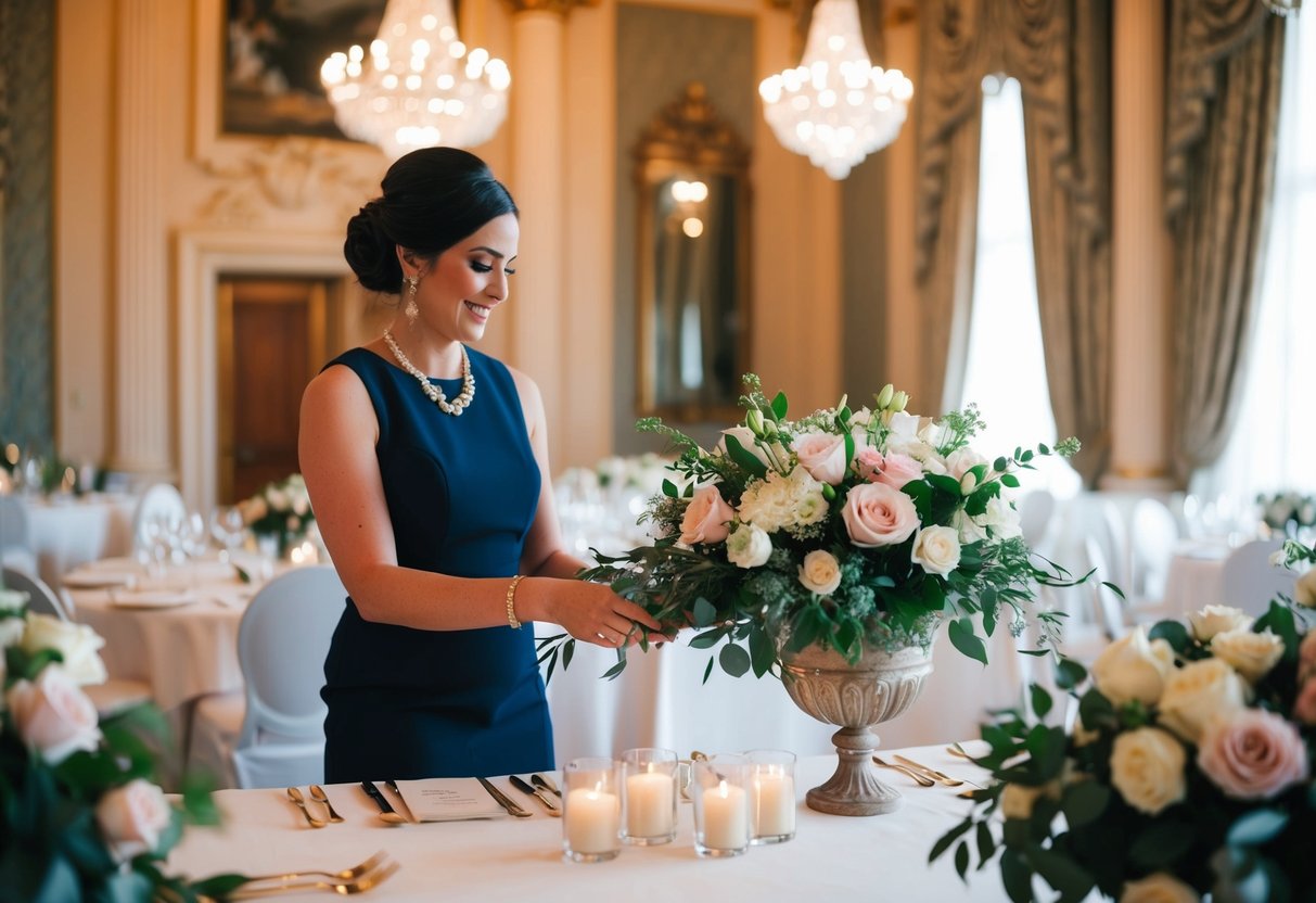 A wedding planner arranging flowers and decor in a grand ballroom