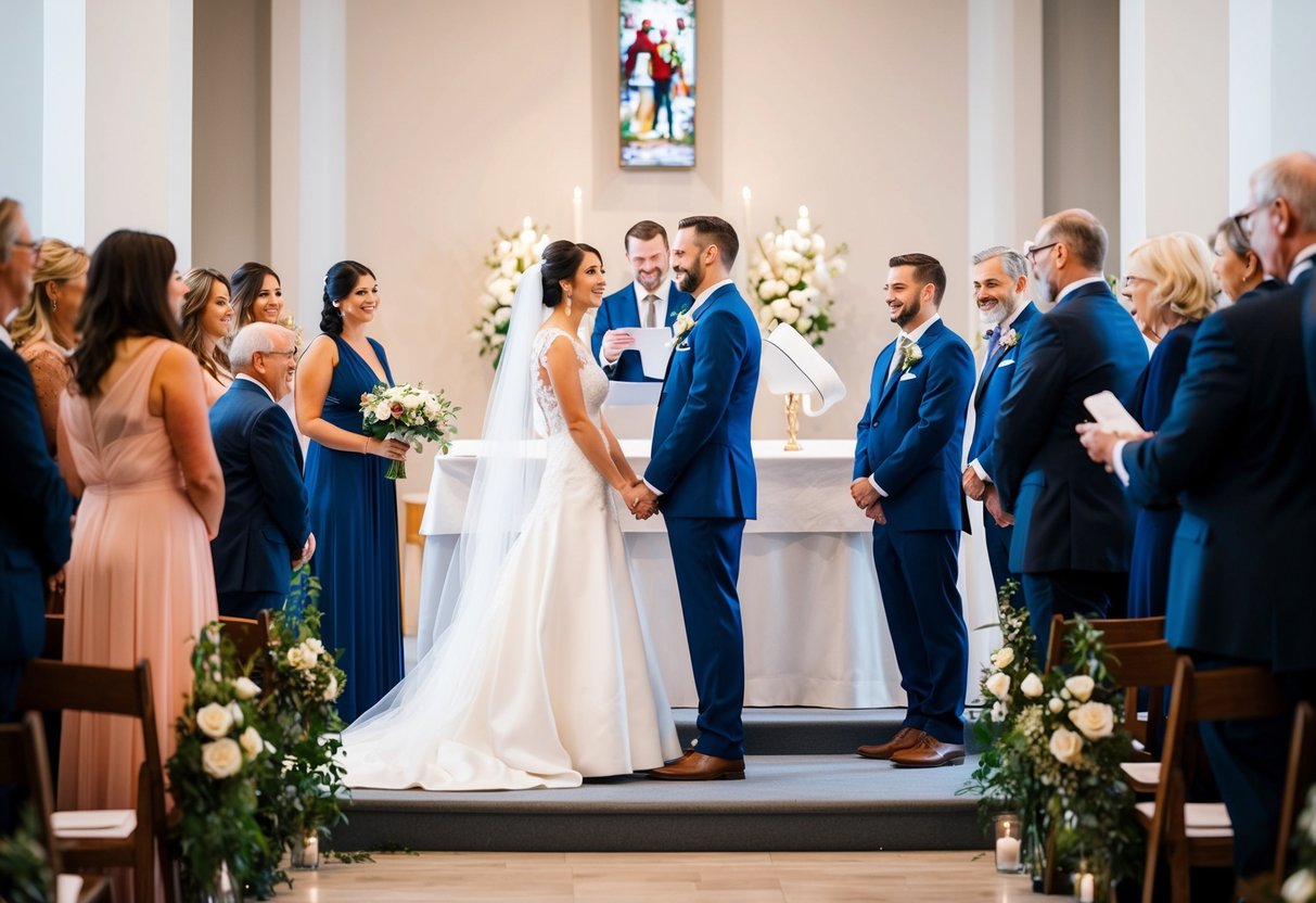 A bride and groom standing at the altar, surrounded by family and friends, with a photographer capturing the moment from a distance