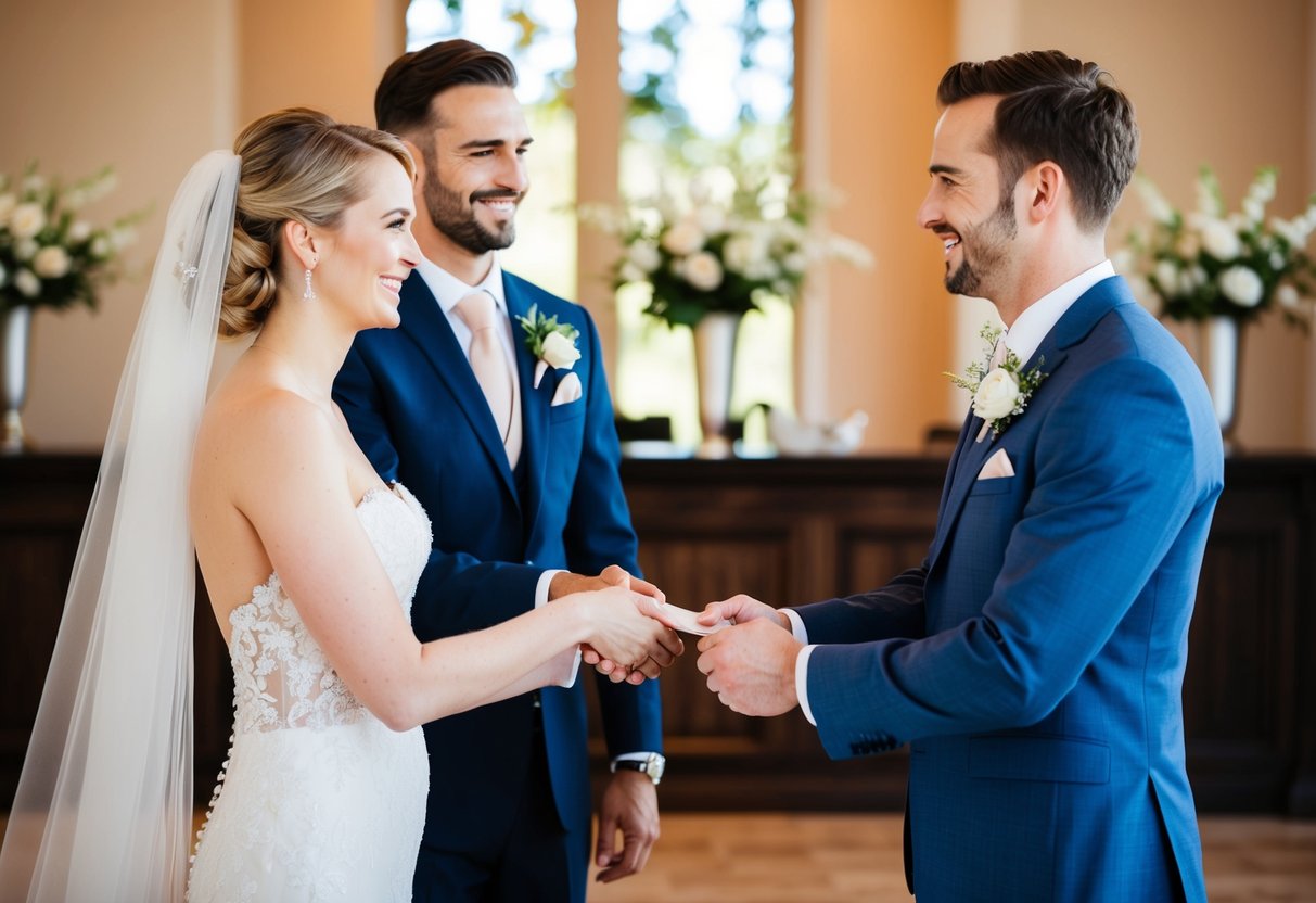 A bride and groom standing in front of a wedding photographer, exchanging payment with a handshake