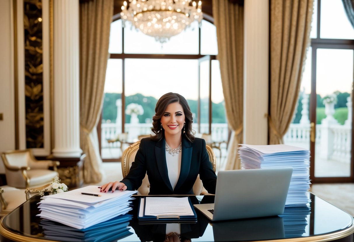 A wedding planner sitting at a luxurious desk, surrounded by opulent decor and a view of a lavish venue. A stack of contracts and a laptop are on the desk