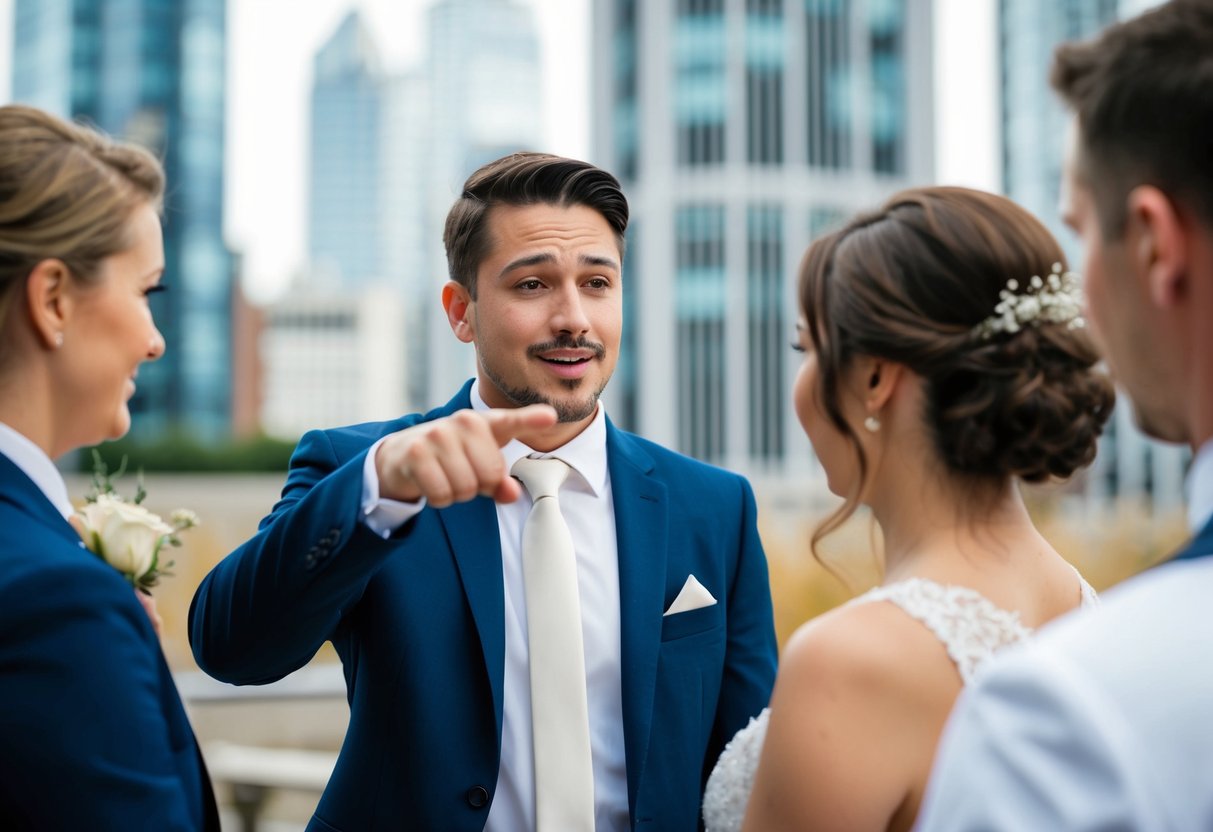 A person pointing to a wedding coordinator, shaking their head