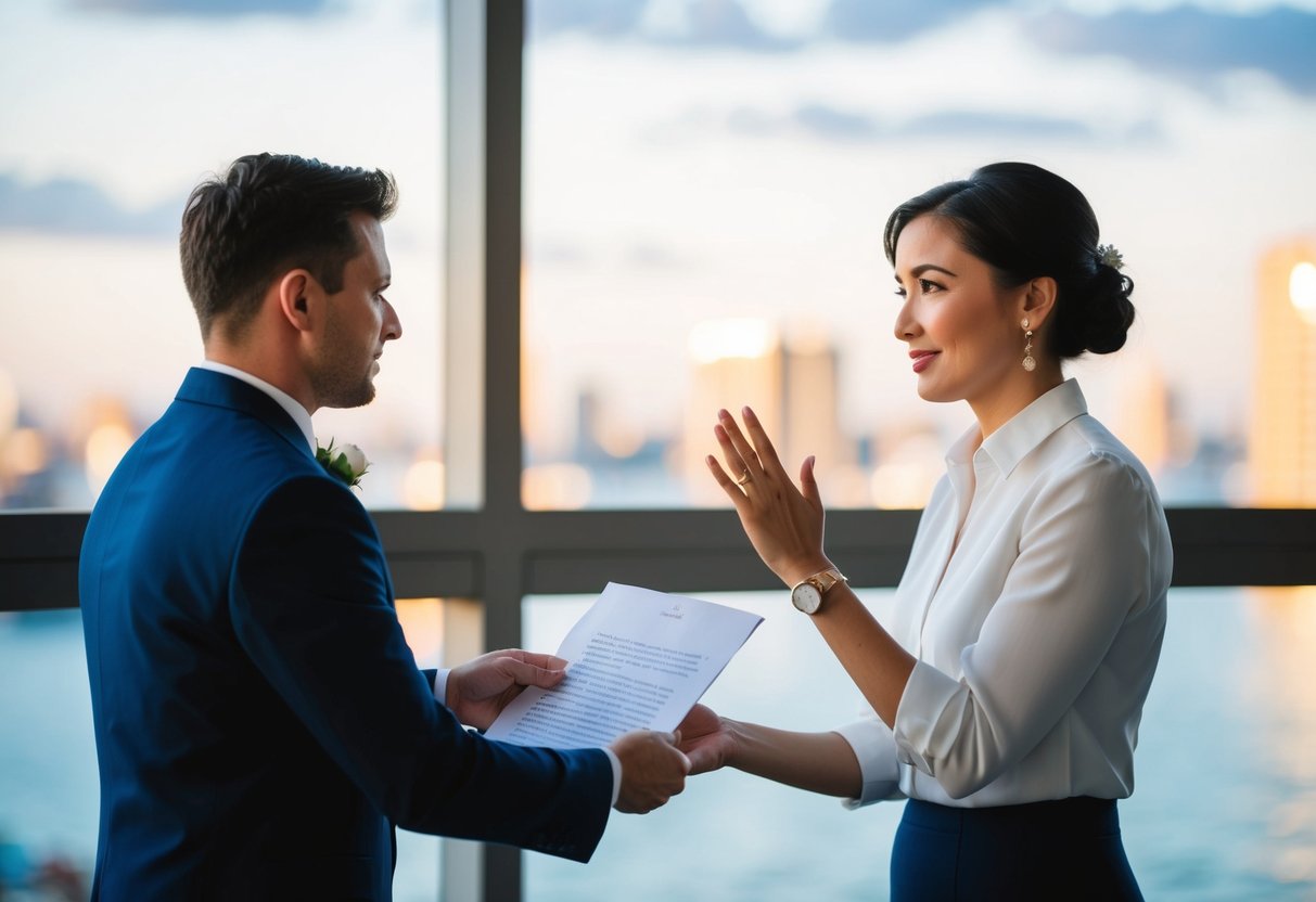 A person handing a letter to a wedding coordinator, shaking their head and gesturing apologetically