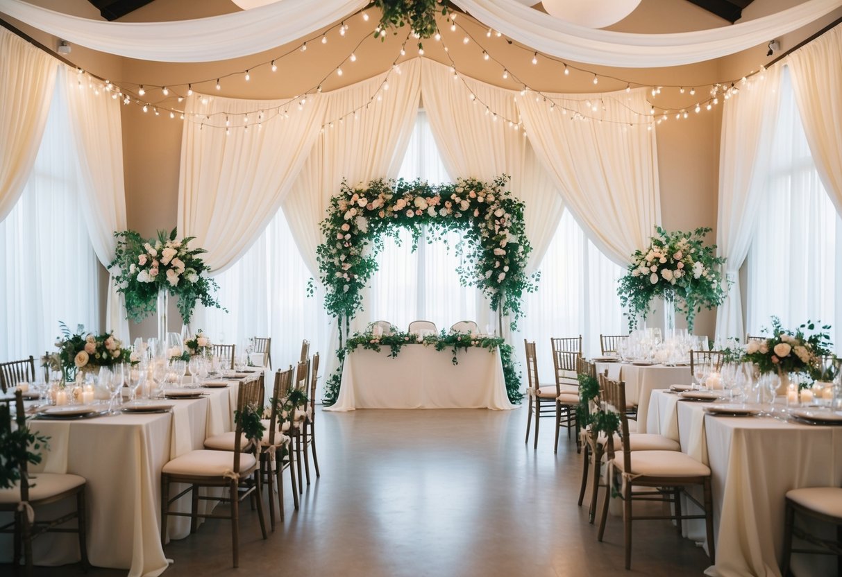 The room is transformed with flowing white drapes, twinkling string lights, and lush floral arrangements adorning the tables and walls