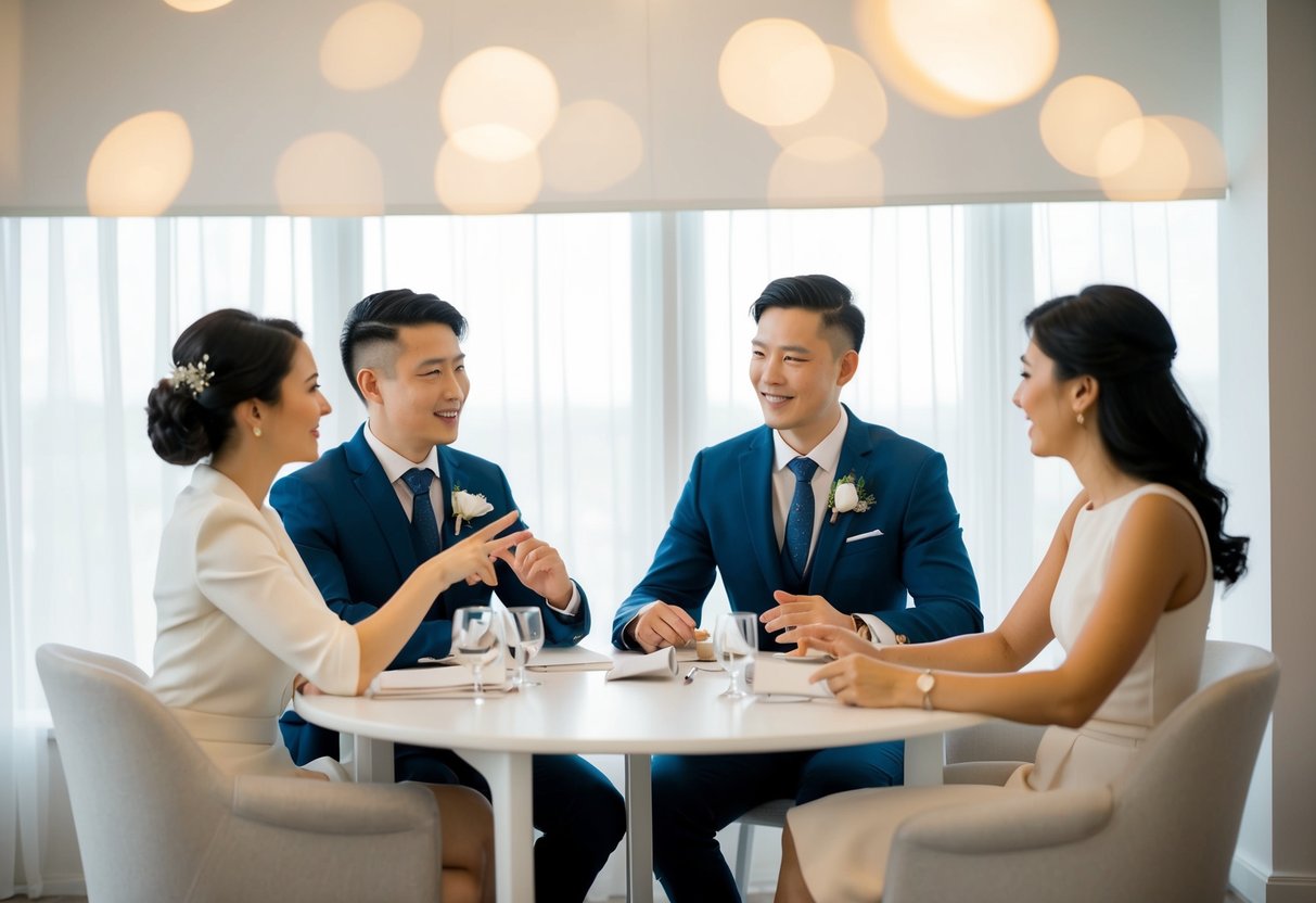 A couple sits at a table with a wedding planner. The couple gestures politely as the planner listens attentively. The atmosphere is calm and professional
