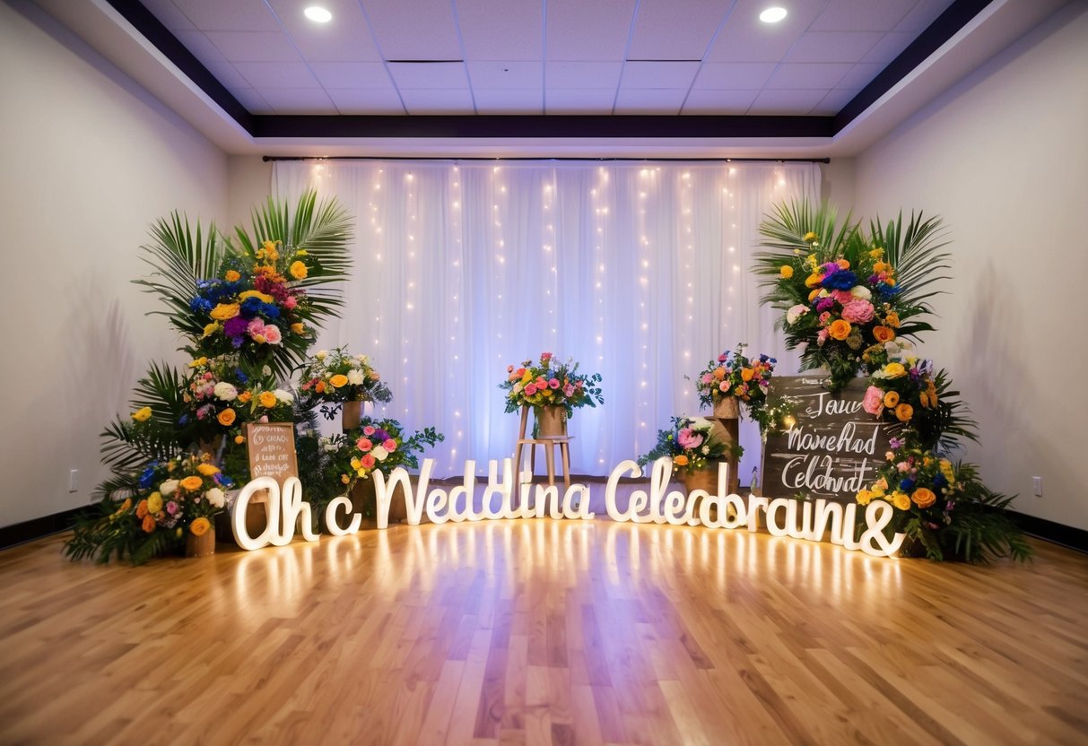 A plain room transformed with colorful flowers, twinkling lights, and handmade signage for a personalized wedding celebration